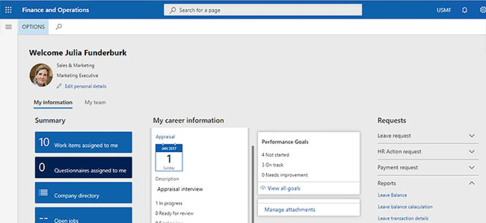 الخدمة الذاتية للموظفين — الخدمة الذاتية للموظفين في Dynamics 365 Finance & Operations.