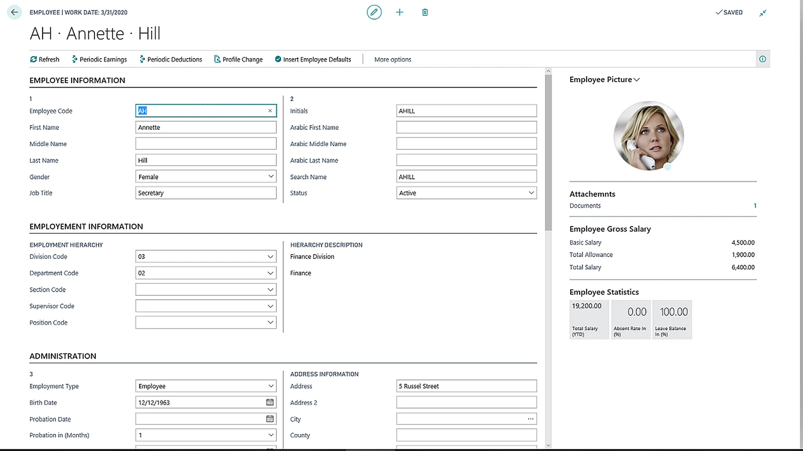 Employee card — Employee card with statistics, allowances and payment details.