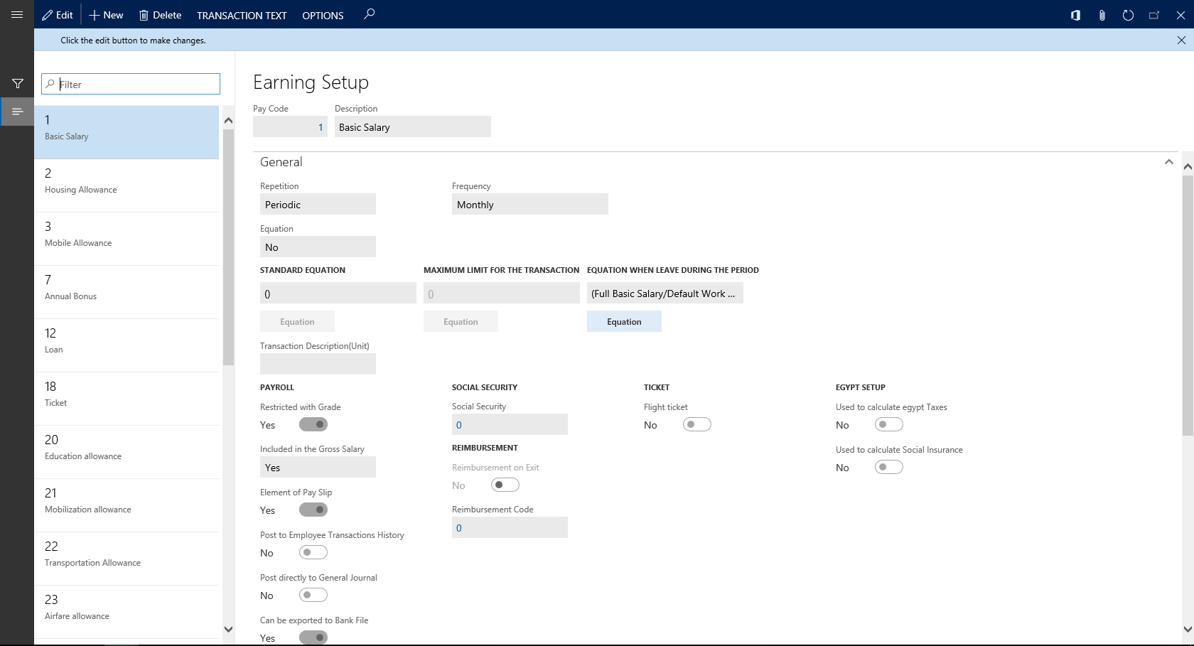 Earning setup with configurable calculation equations