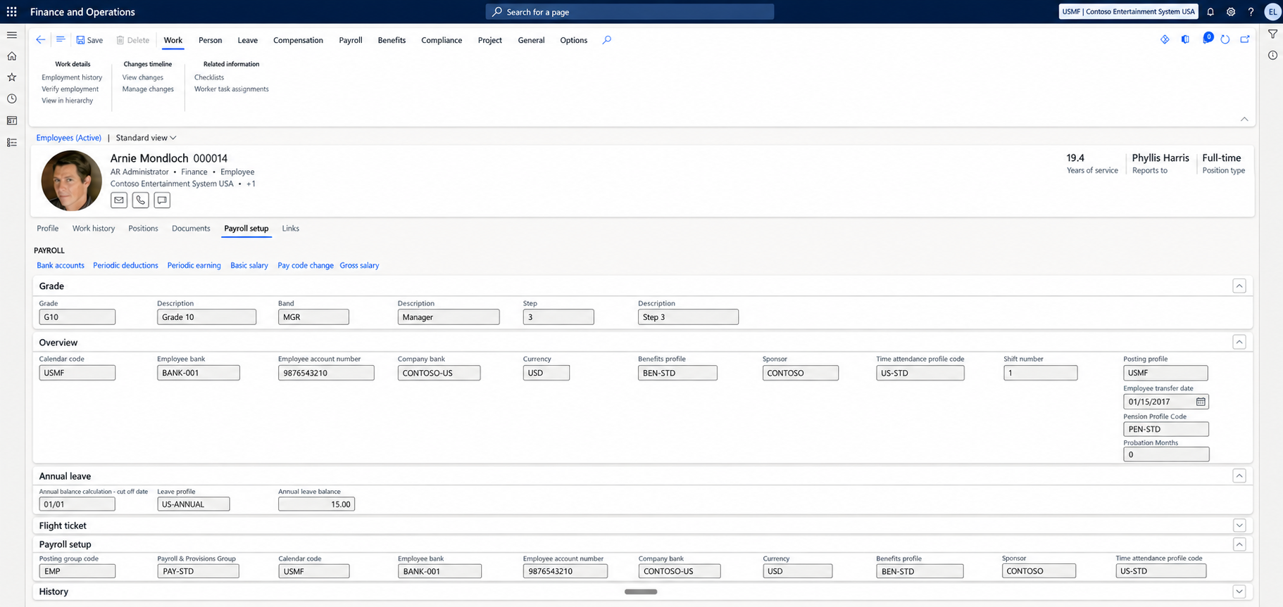 Employee payroll setup in Dynamics 365 Finance & Operations: grade, bank, leave and flight ticket